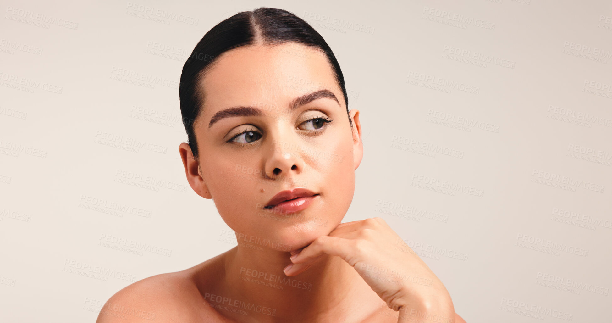 Buy stock photo Hand, skincare and thinking with woman in studio for self care, reflection and beauty glow. Perspective, shine and dermatology with person on white background for vision, collagen and mockup space