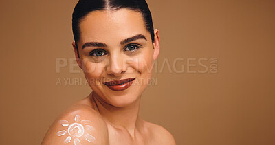 Buy stock photo Portrait, sunscreen and woman in studio, skincare and dermatology on brown background. Mockup space, creme and person with cosmetics, uv protection and sunblock with spf, lotion and treatment