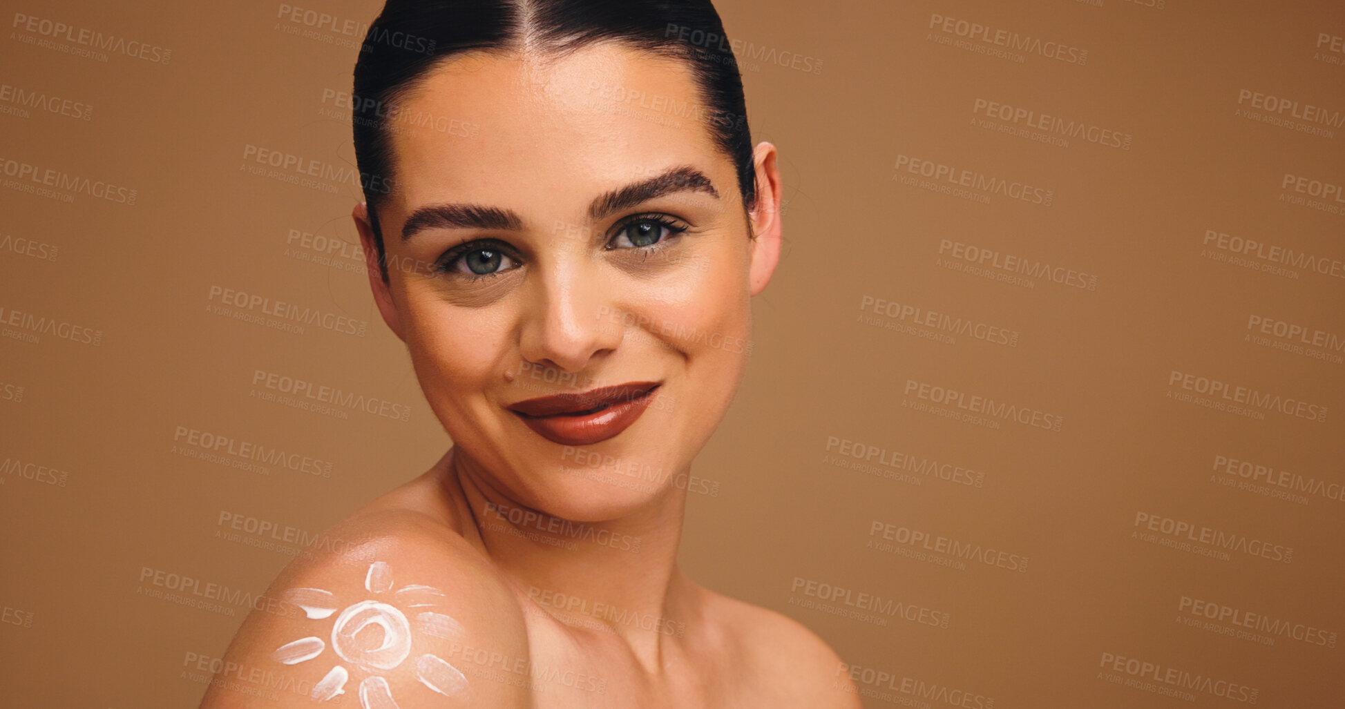 Buy stock photo Portrait, sunscreen and woman in studio, skincare and dermatology on brown background. Mockup space, creme and person with cosmetics, uv protection and sunblock with spf, lotion and treatment