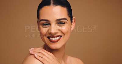 Buy stock photo Beauty, happy and portrait of woman in studio for cosmetics, transformation and makeup. Mockup space, salon and person with confidence, facial glow and aesthetic for skincare on brown background
