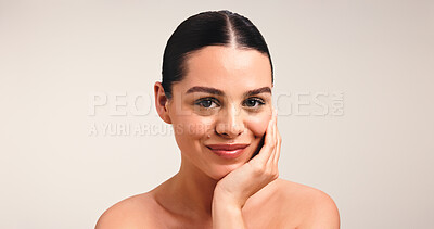 Buy stock photo Skincare, happy and portrait of woman in studio for beauty, self care and collagen benefits. Smile, mockup space an dermatology with female person on white background for facial glow and aesthetic