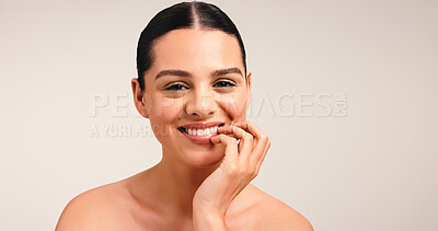 Buy stock photo Portrait, skincare and smile with woman in studio for beauty, glow or dermatology. Face, natural and happy model with facial cosmetics for aesthetic, health or skin on white background space