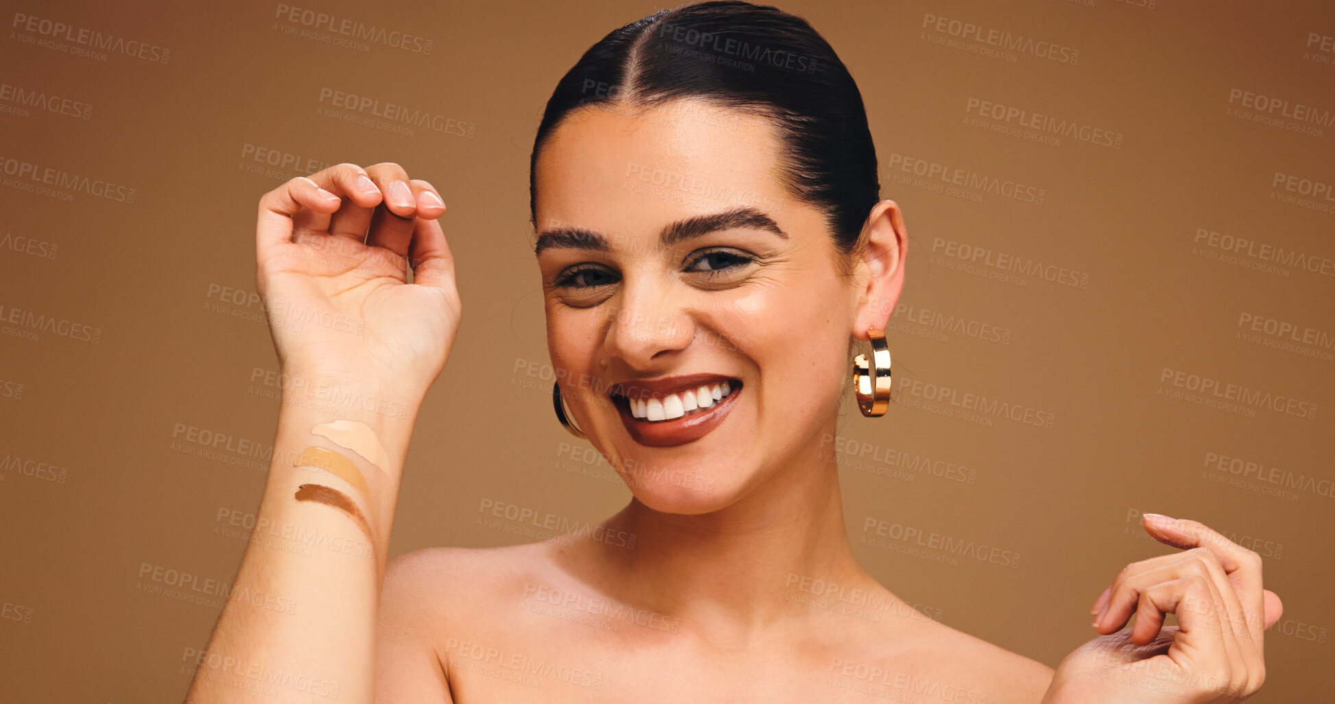 Buy stock photo Happy woman, arm and foundation swatch with makeup for beauty, color choice or cosmetics in studio. Person, show concealer or decision for contour, blending portrait and cosmetology on background