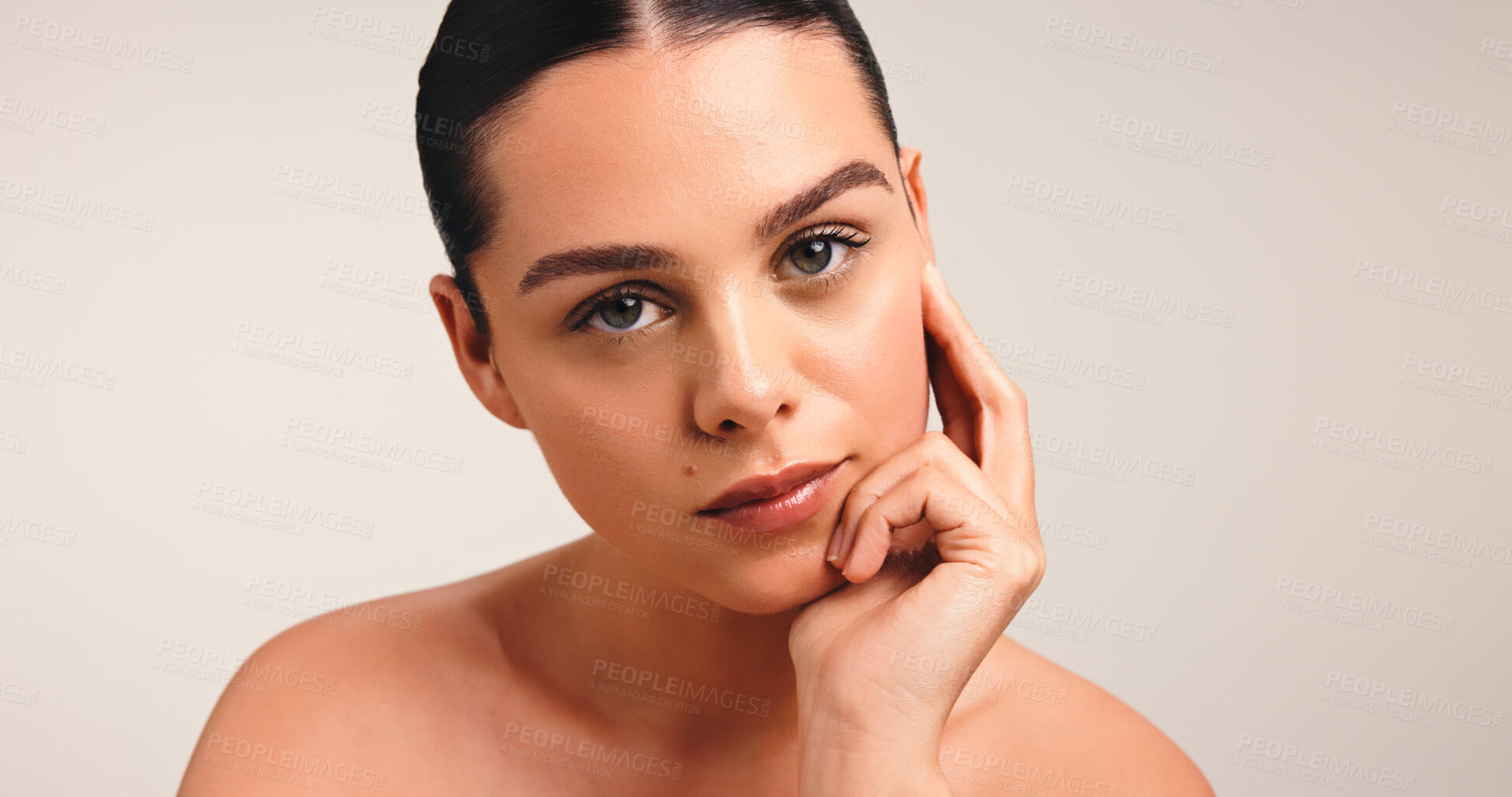 Buy stock photo Cosmetic, beauty and portrait of woman in studio with natural, skincare and facial glow. Health, mockup space and face of female person from Brazil with dermatology for wellness by white background.