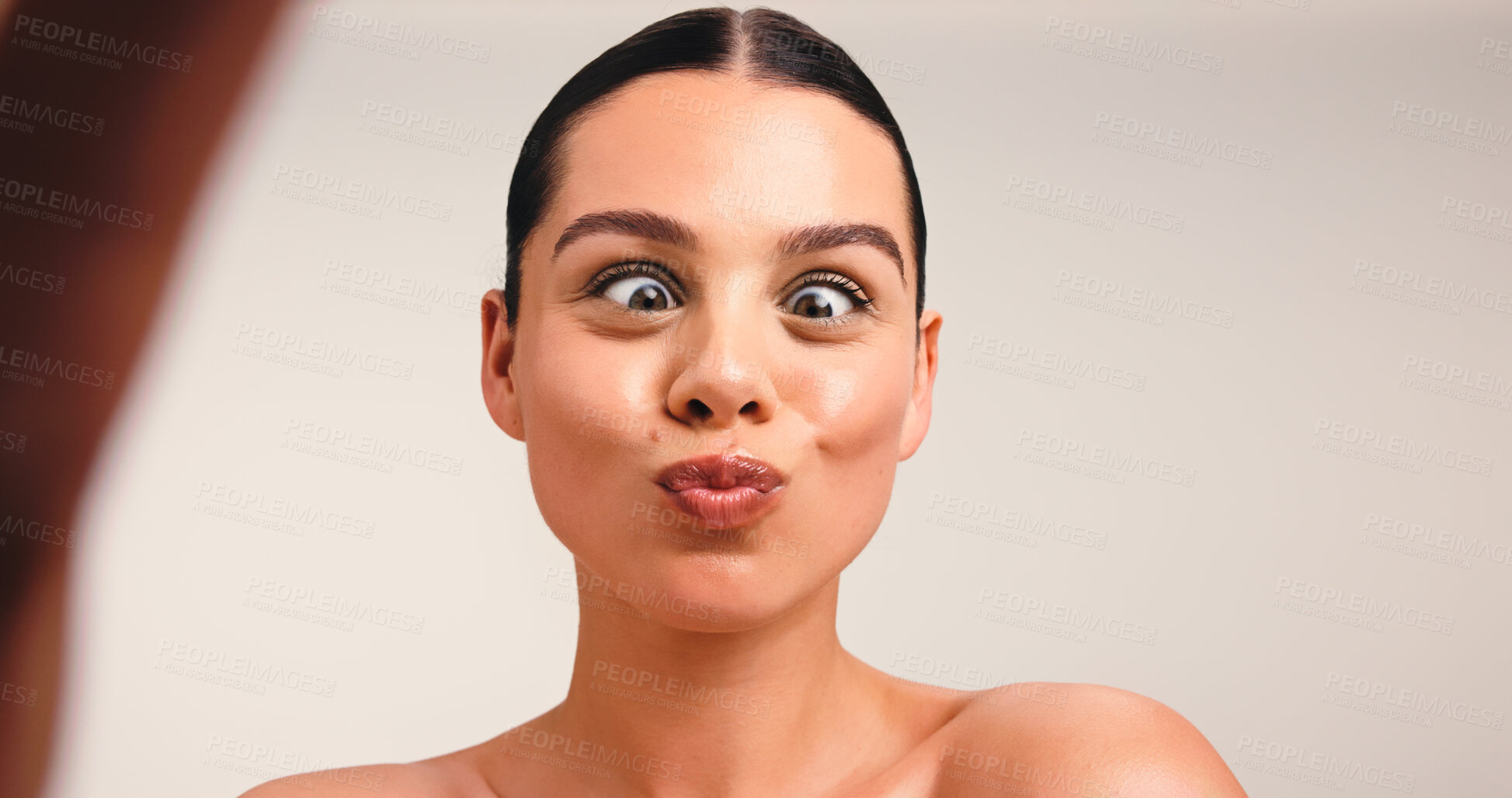 Buy stock photo Portrait, funny or influencer in studio with selfie, skincare and cosmetic for social media. Meme, content creation or woman in fashion with makeup, online or wellness in space for advertising.