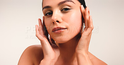 Buy stock photo Beauty, face and self care with woman and natural skincare, wellness and glow with touch on white background. Healthy skin, clean girl aesthetic or makeup with dermatology and portrait in studio