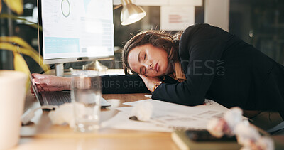 Buy stock photo Sleeping, night and business woman at desk for working late, overtime and burnout for deadline. Corporate, office and person with fatigue, tired and exhausted for overworked, stress and low energy