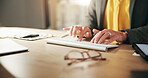 Hands, keyboard and typing with business person at desk in office for administration or report. Computer, planning and research with professional employee in agency workplace for email feedback
