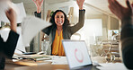 Business people, celebration and throw documents for professional win, media campaign success and stats. Happy, cheers and employees with achievement for creative collaboration, laptop and PR data