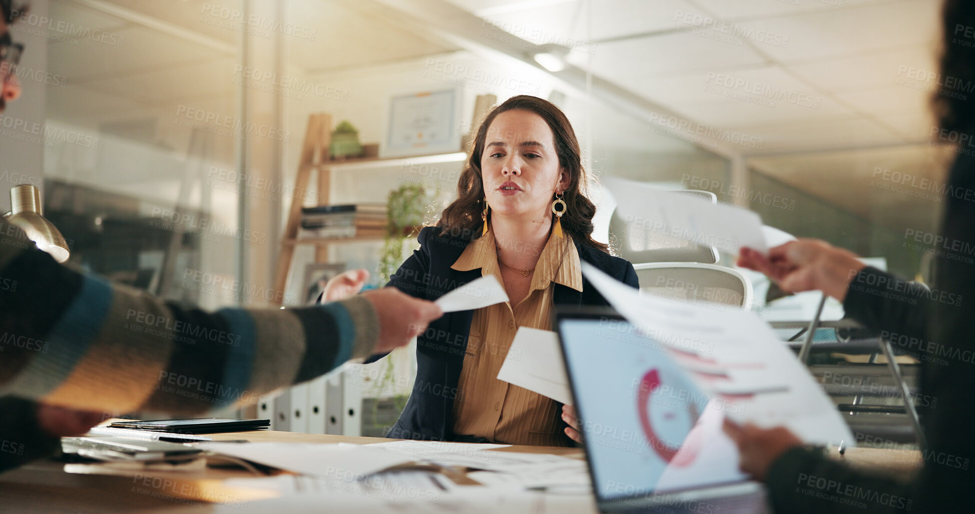 Buy stock photo Documents, planning and business people in office with meeting for finance report with budget. Paperwork, laptop and team of financial advisors with discussion for investment proposal in workplace.