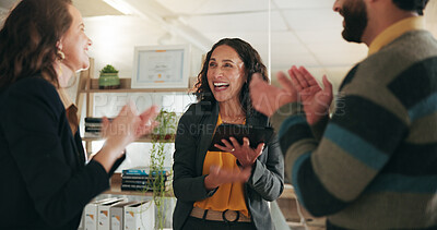 Buy stock photo Woman, applause and team with tablet at startup, excited and praise for project results at media company. Person, group and clapping hands for success, celebration and motivation at creative agency