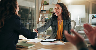 Buy stock photo Business, handshake and people in office, partnership and celebration with success, applause and smile. Shaking hands, employees and group in workplace, achievement and clapping with agreement