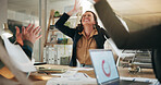 Business people, celebrate and throw documents for professional win, media campaign success and stats. Happy, cheers and employees with achievement for creative collaboration, laptop and PR data