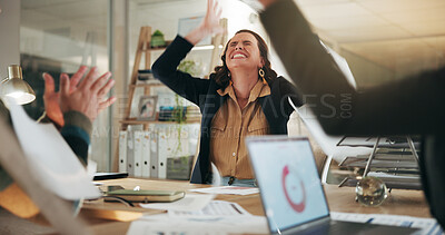 Buy stock photo Business people, celebrate and throw documents for professional win, media campaign success and stats. Happy, cheers and employees with achievement for creative collaboration, laptop and PR data