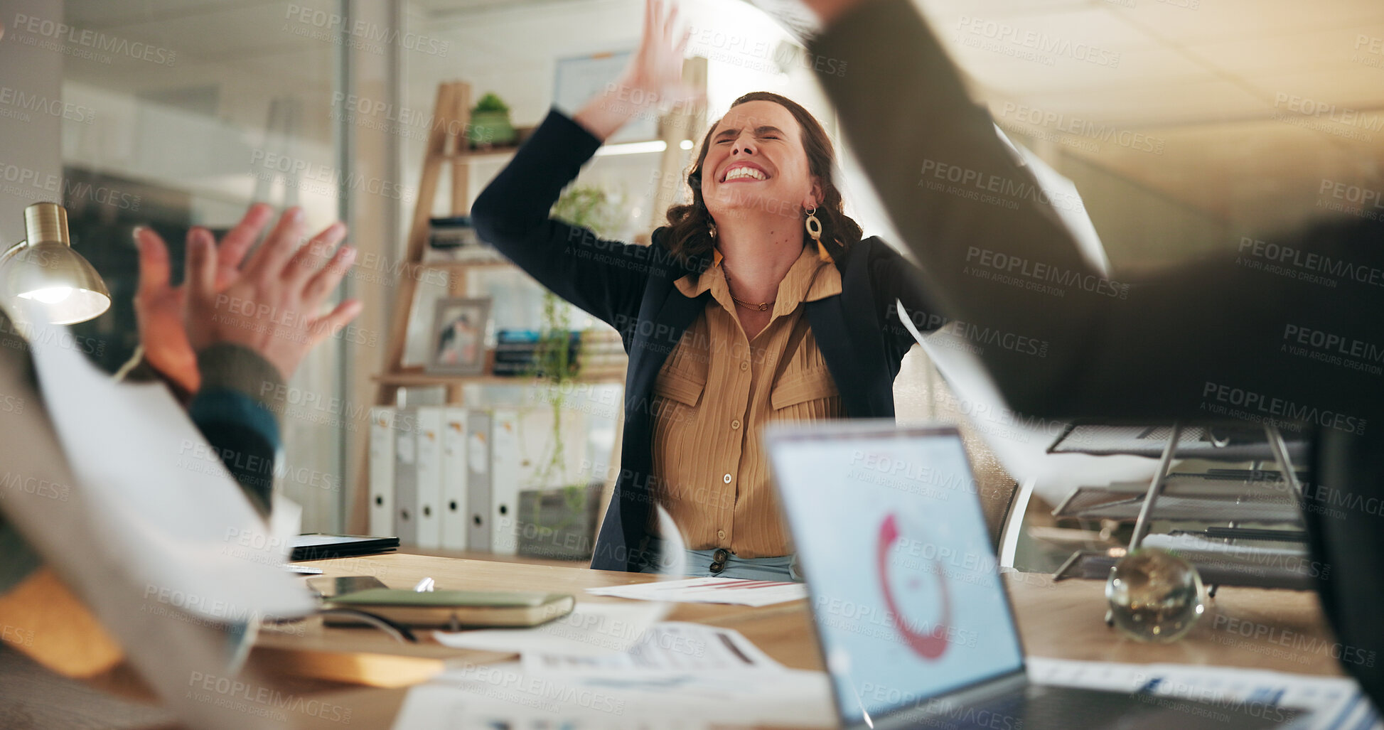 Buy stock photo Business people, celebrate and throw documents for professional win, media campaign success and stats. Happy, cheers and employees with achievement for creative collaboration, laptop and PR data
