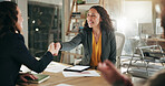 Business, handshake and people in office, thank you and celebration with success, applause and smile. Shaking hands, employees or group with agreement, achievement and clapping with hello or greeting