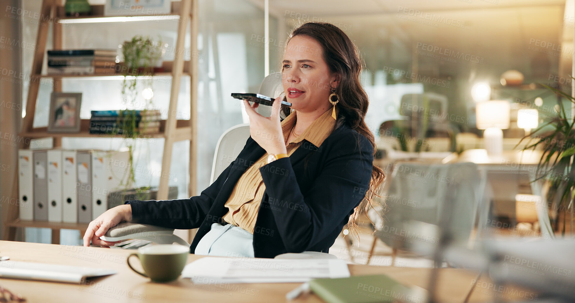 Buy stock photo Office, woman and talking with smartphone, speaker and communication with client for financial help. Networking, voice note and person with mobile for chat, wealth manager and schedule appointment