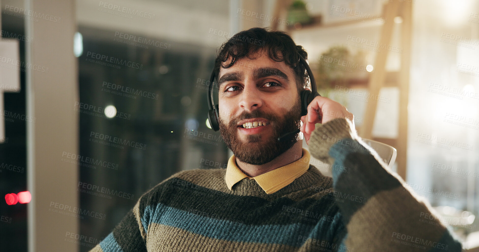 Buy stock photo Call center consultant, man and technical support for help, solution and problem solving at night. Headset, listening and contact us for IT troubleshooting, customer service and crm on overtime