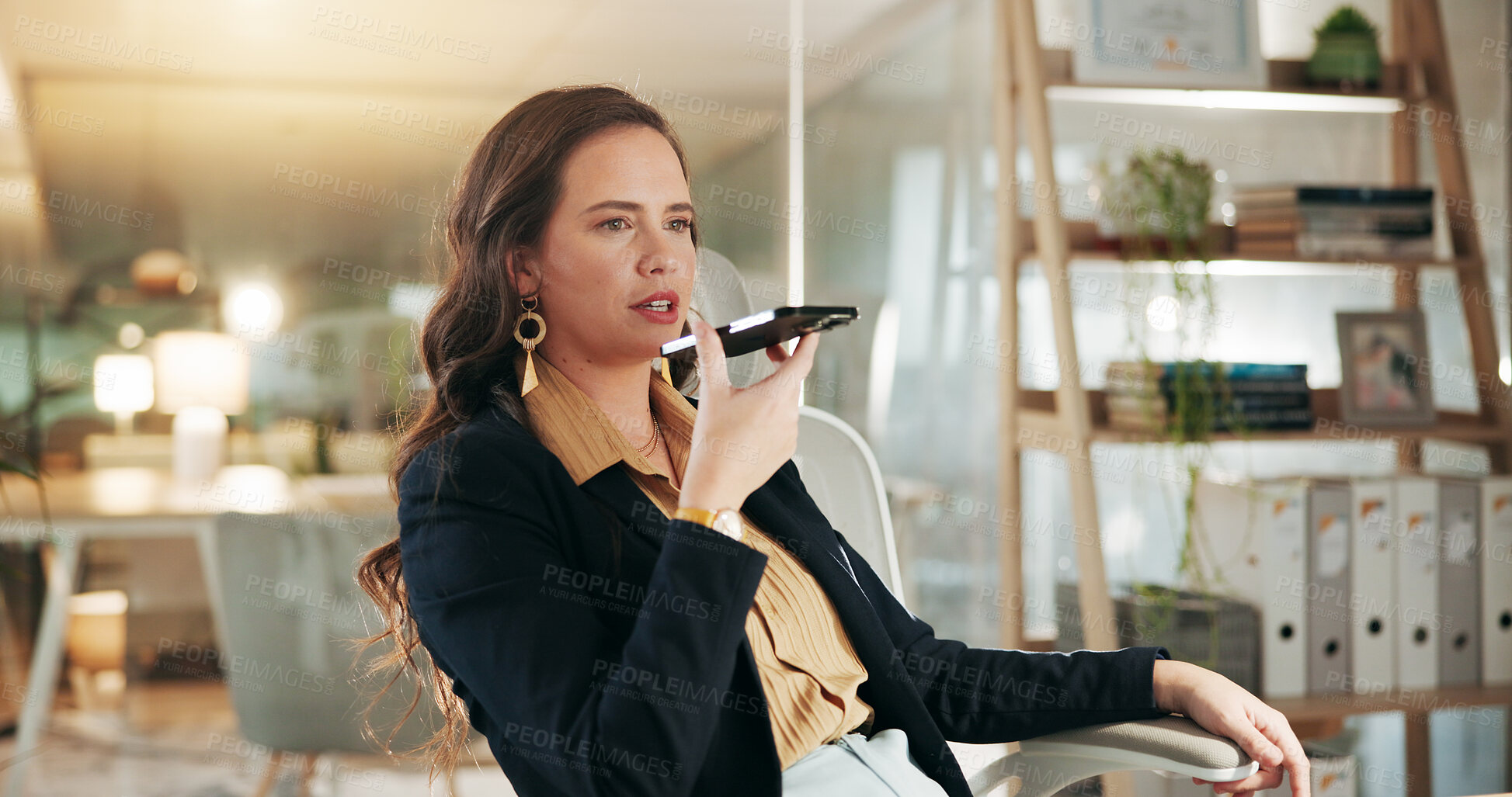 Buy stock photo Office, woman and chat with smartphone, speaker and communication with contact for financial advice. Network, voice note and person with mobile for discussion, wealth manager and schedule appointment