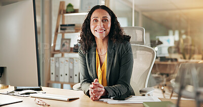 Buy stock photo Computer, happy and portrait with business woman in office for research, credit risk analyst or planning. Smile, client application and underwriter feedback with mature person as life insurance agent