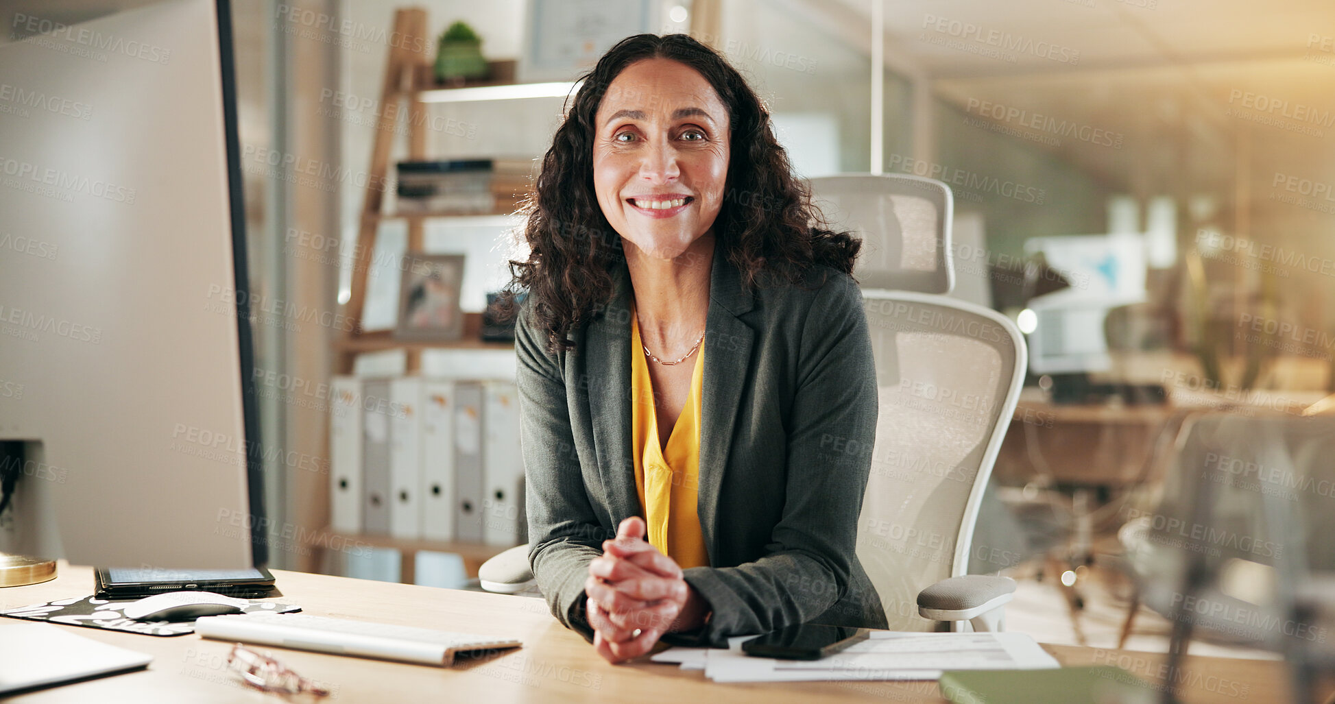 Buy stock photo Computer, happy and portrait with business woman in office for research, credit risk analyst or planning. Smile, client application and underwriter feedback with mature person as life insurance agent