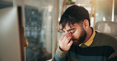 Buy stock photo Stress, headache and businessman in office at night with burnout or fatigue for finance report deadline. Migraine, anxiety and financial manager with frustration for mistake on investment proposal