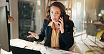 Corporate, phone call and stress with business woman at desk in office for argument or disagreement. Computer, conflict and upset with professional employee fighting at work for feedback or solution