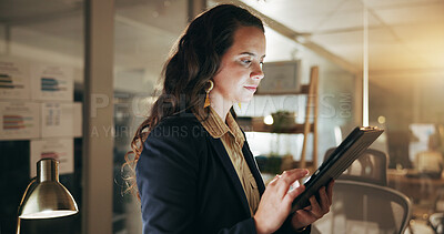 Buy stock photo Night, research and woman with laptop in office, financial analyst or preparing for proposal on web. Business, accountant and person with tech for investment opportunity, deadline and working late