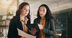 Talking, documents and business women on tablet for planning, budget review and portfolio. Corporate, teamwork and people on digital tech for trading research, finance report and meeting at night