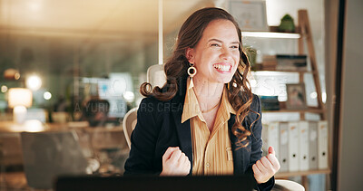 Buy stock photo Business, night and woman with computer, celebration and success with promotion, article approval and smile. Happy person, cheering or writer in workplace, excited and tech with achievement or bonus
