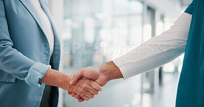 Buy stock photo Business people, nurse or meeting with handshake for deal, agreement or medical funding in hospital. Closeup, healthcare worker or employee shaking hands for partnership, b2b or health plan in clinic