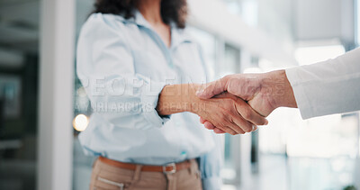 Buy stock photo Business, welcome and people shaking hands in office for finance merger, b2b contract or partnership. Financial team, investor and handshake at firm for stakeholder approval, company growth and offer