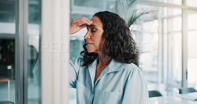 Buy stock photo Business, thinking and woman with headache, stress and financial agency with debt audit. Mature person, frustrated and investor with burnout migraine and pressure with tension, bankruptcy and anxiety