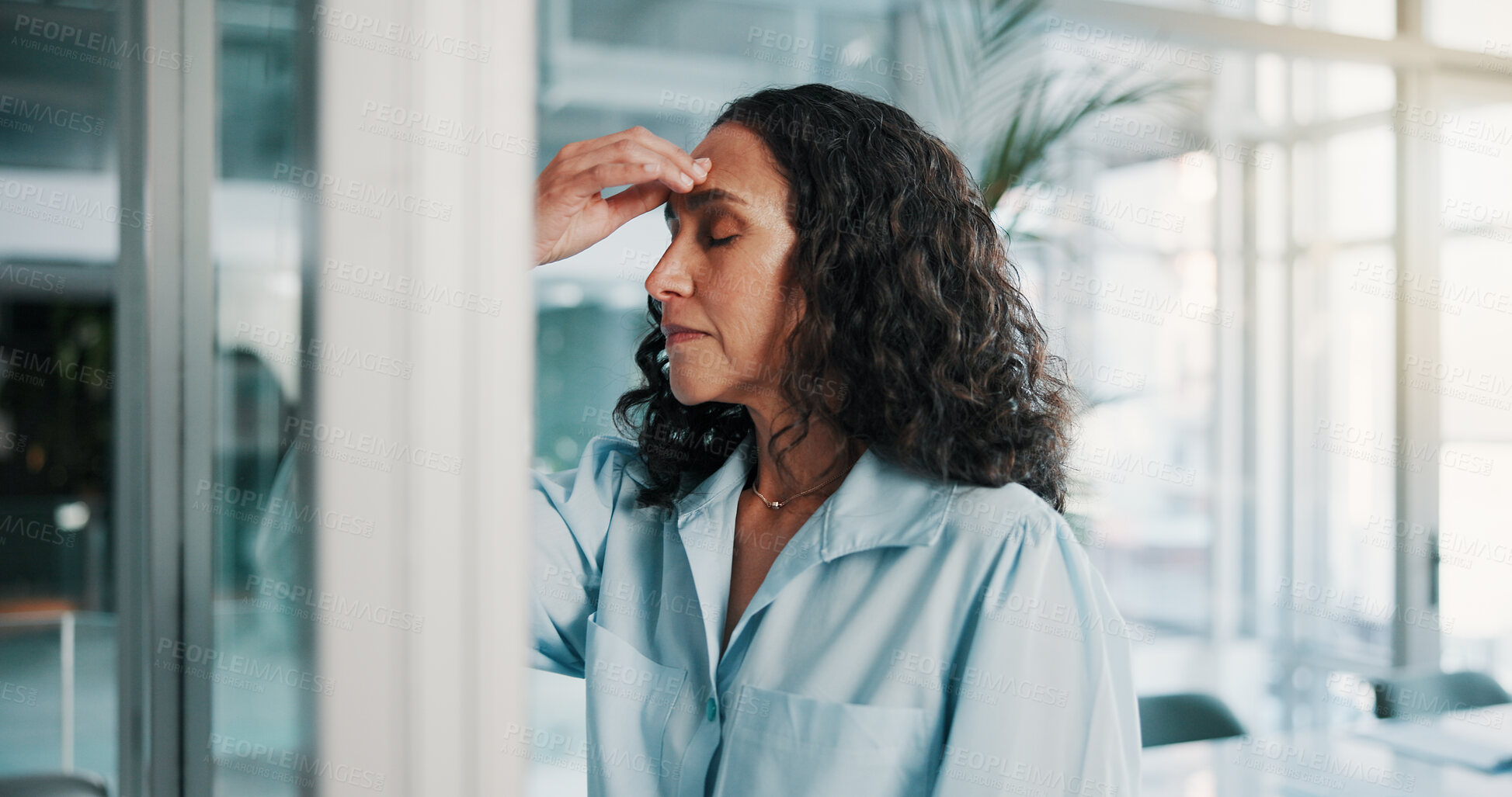 Buy stock photo Business, thinking and woman with headache, stress and financial agency with debt audit. Mature person, frustrated and investor with burnout migraine and pressure with tension, bankruptcy and anxiety