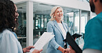Nurse, people or handshake in meeting for medical agreement or partnership contract with tablet. Smile, clinic or shaking hands for healthcare funding, support or collaboration with hospital director