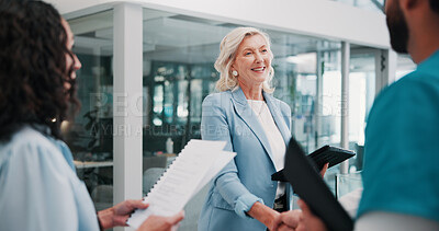 Buy stock photo Nurse, people or handshake in meeting for medical agreement or partnership contract with tablet. Smile, clinic or shaking hands for healthcare funding, support or collaboration with hospital director
