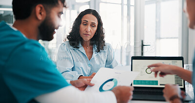 Buy stock photo Talk, conversation and people in hospital with data analysis, discussion and technology in office. Serious, meeting and medical team in building with computer, report and schedule for treatment plan