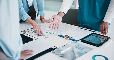 Buy stock photo Hands, doctor and team at office meeting with documents, graphs and review for medical research at hospital. People, clinic director and healthcare staff in group with tech, charts and paperwork