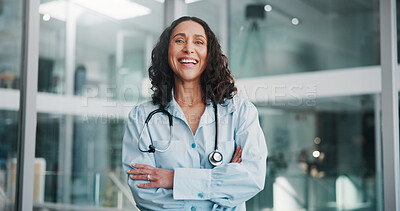Buy stock photo Arms crossed, laugh and portrait of doctor in hospital for healthcare consultant, smile and confidence. Medical specialist, funny and gp advisor with woman in clinic for opportunity and about us