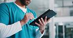 Hands, healthcare and tablet with nurse in hospital for insurance, planning or research agenda. App, medical and schedule and man writing in clinic for internship or residency as student of medicine