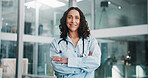 Arms crossed, doctor and portrait of woman in hospital for healthcare consultant, smile and confidence. Medical specialist, happy and gp advisor with person in clinic for opportunity and about us