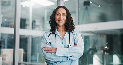Buy stock photo Arms crossed, doctor and portrait of woman in hospital for healthcare consultant, smile and confidence. Medical specialist, happy and gp advisor with person in clinic for opportunity and about us