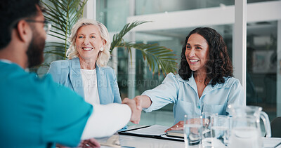 Buy stock photo Nurse, people and handshake in meeting for healthcare agreement, partnership contract or deal. Smile, clinic and shaking hands for medical funding, support or collaboration with hospital director