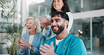 Applause, healthcare and laughing with hospital administration team in boardroom for celebration. Funny, meeting or success with manager and medical staff clapping in clinic for achievement or goals