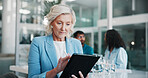 Woman, tablet and meeting at hospital with review for checklist, insight or solution for healthcare. Mature person, clinic director and tech for planning on app, team or medical research in boardroom
