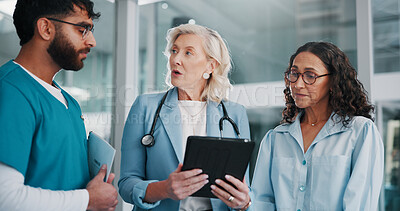 Buy stock photo Tablet, doctor and people in hospital, conversation and medical planning with surgery feedback. Employees, man and women with discussion, tech and review for clinical trial, cooperation and results