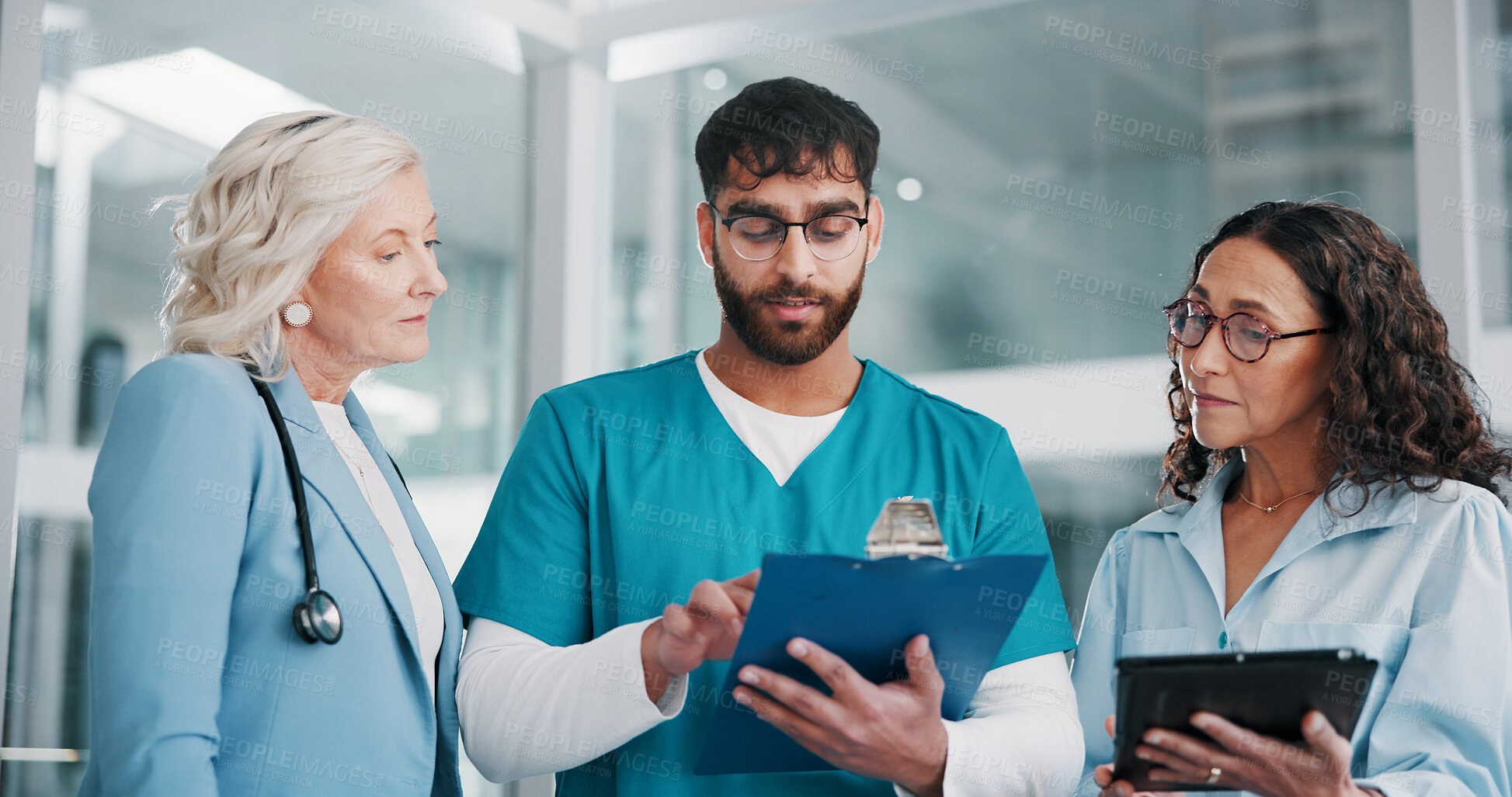 Buy stock photo Doctor, clipboard and people in hospital, teamwork and support with feedback, information and help. Healthcare, women and man in clinic, review schedule and report for diagnosis and treatment results