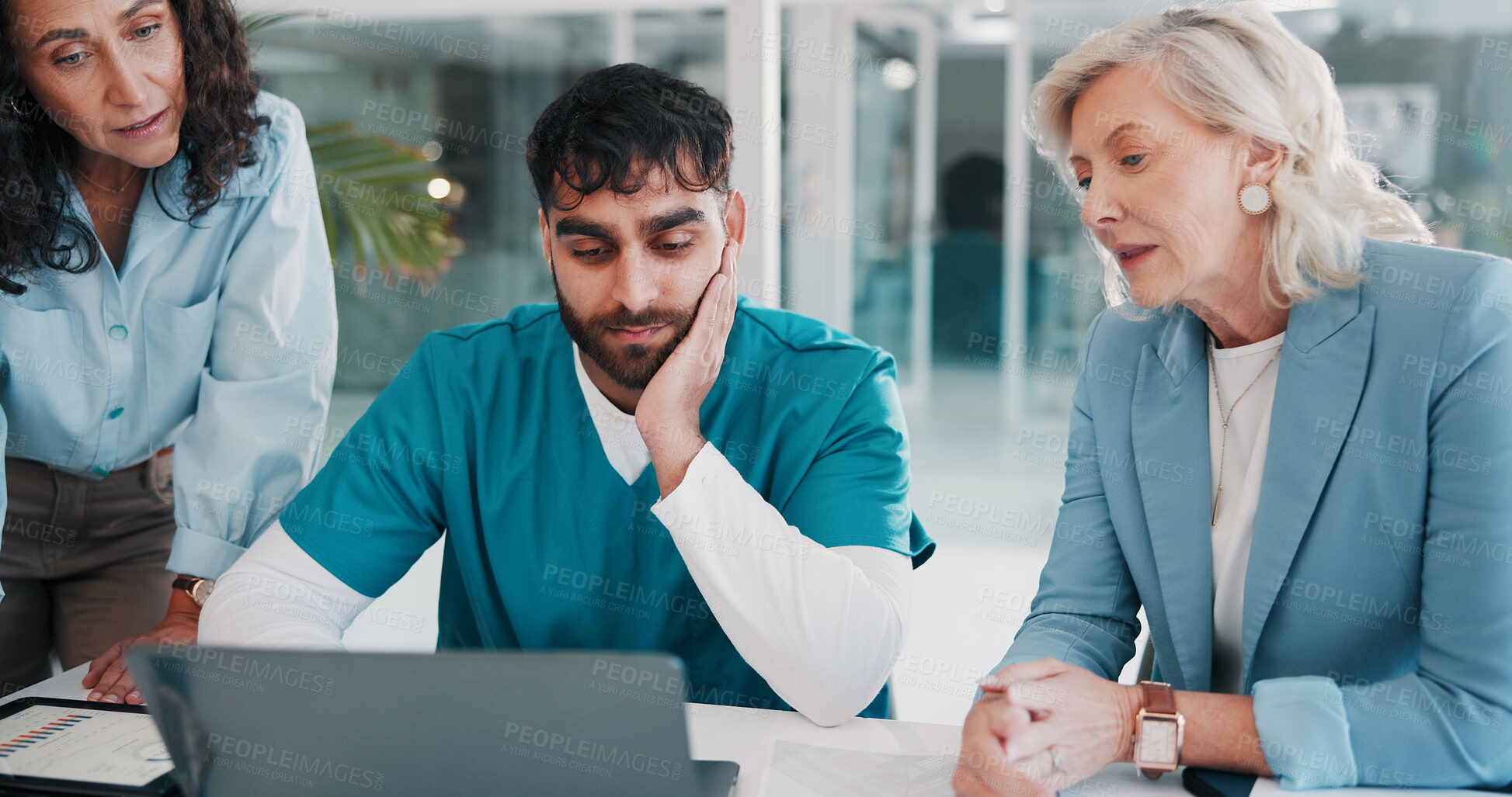 Buy stock photo Woman, team and meeting at hospital with laptop for review, insight and solution at healthcare job. Mature person, clinic director and doctor with planning, computer or medical research in boardroom