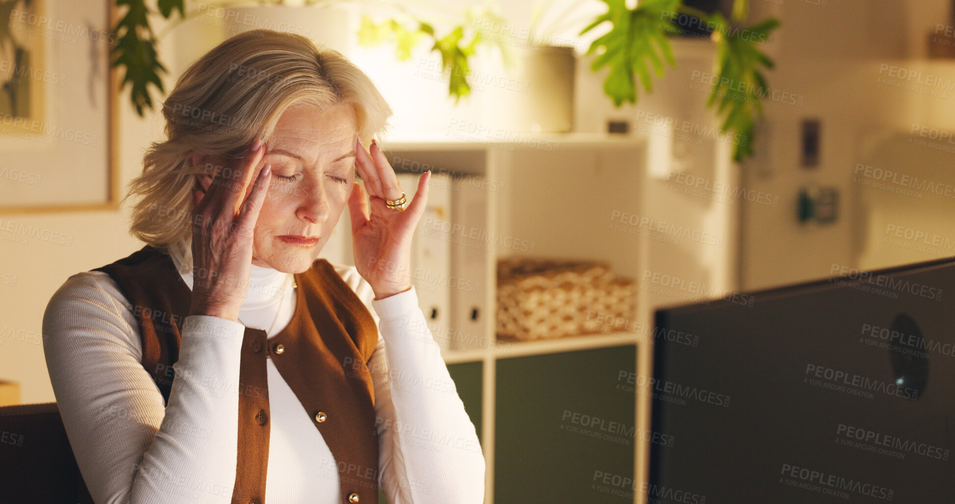 Buy stock photo Business woman, headache and night with stress in office for overworked, pressure or burnout. Mature, female person or frustrated employee with migraine or fatigue for mental health or deadline
