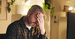 Frustrated man, headache and night with stress on computer for overworked or pressure in office. Businessman, employee or working late with migraine or anxiety for fatigue or burnout in workplace